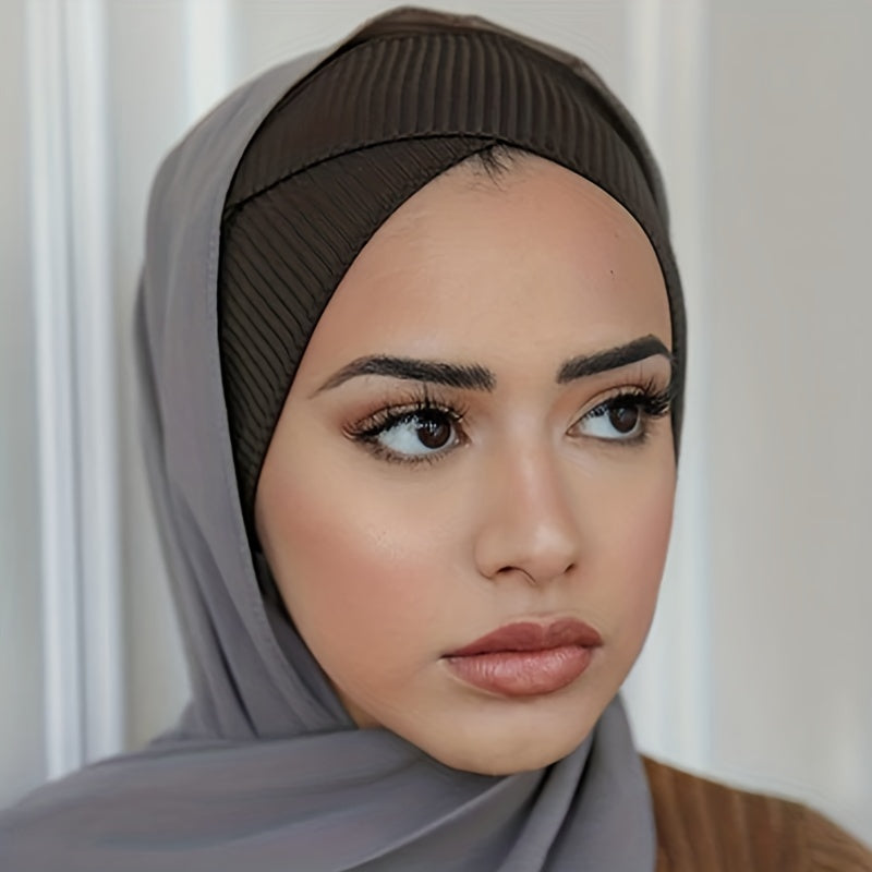 Striped Inner Cap Scarf Solid Turban Cap Casual Hijab