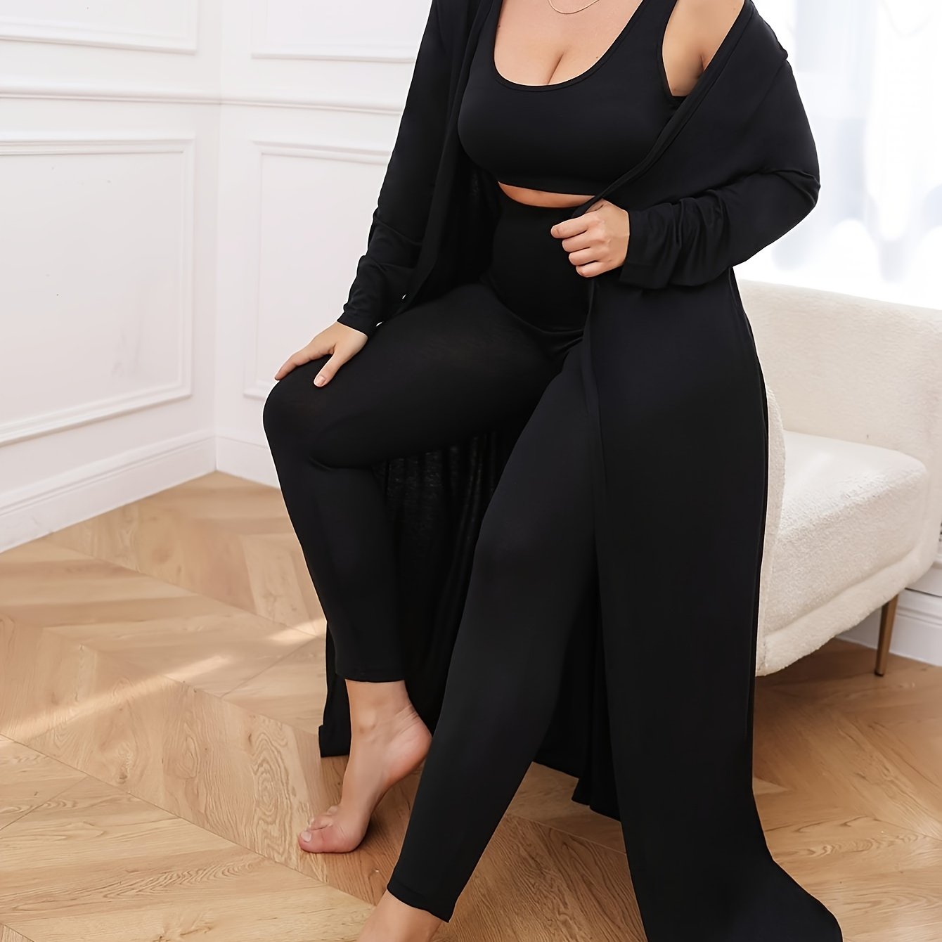 3 Piece Outfit Set: Long Cardigan, Crop Tank Top & Leggings