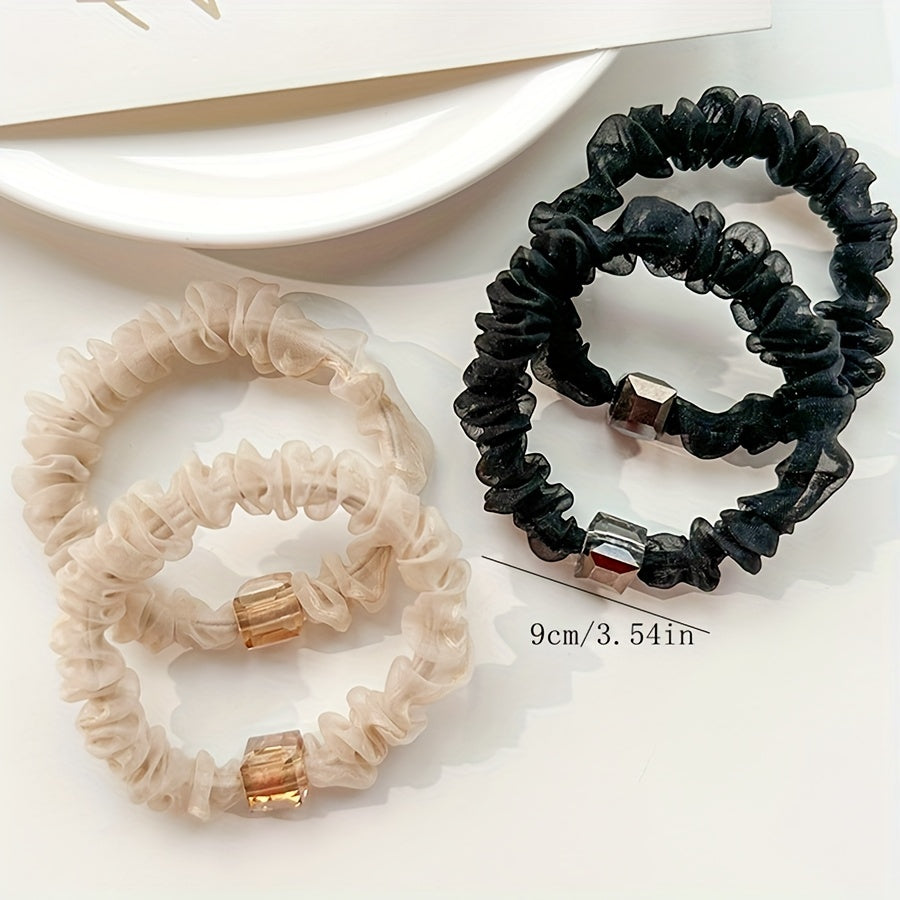 4pcs Girl's Mesh Crystal Elastic Rubber Band & Beige High Ponytail Hair Clip