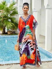 Colorful V Neck Kaftan Cover Up Sun Protection Dress