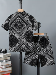 Paisley Pattern Boy's Hawaiian Shirt & Shorts Set for Beach Vacation