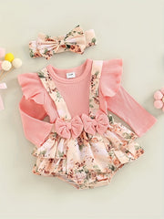 2pcs Baby Girls Floral Onesie & Headband Set Clothes