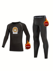 2pcs Kids Compression Fleece Sets Cartoon Pattern Crew Neck Pullover & Pants