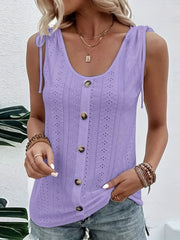 Eyelet Embroidery Button Front Tank Top Casual Scoop Neck Summer Sleeveless Top