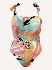 Painting Print One Piece Swimsuit & Wrap Skirt Set