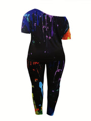 Splash Print One Shoulder Top & Pants Set