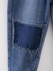 Boys Casual Ripped Patched Denim Long Pants With Pocket Kids Clothing