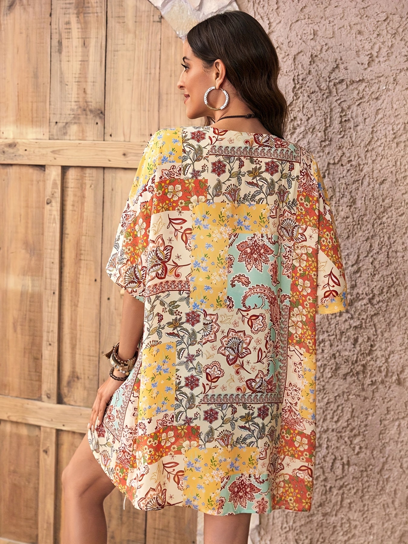 Floral Print Open Front Kimono Patchwork Pattern Chiffon Cardigan