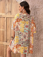 Floral Print Open Front Kimono Patchwork Pattern Chiffon Cardigan