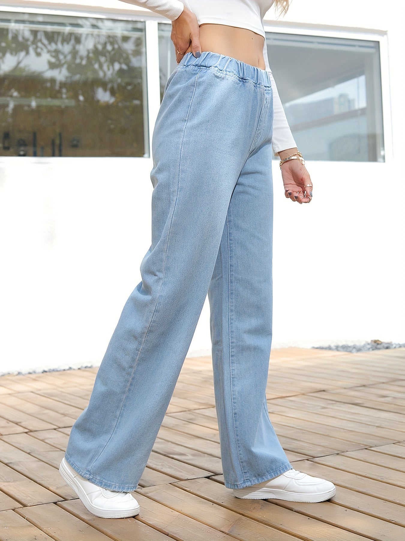 Wide Legs Straight Jeans Elastic Waist Loose Fit Denim Pants