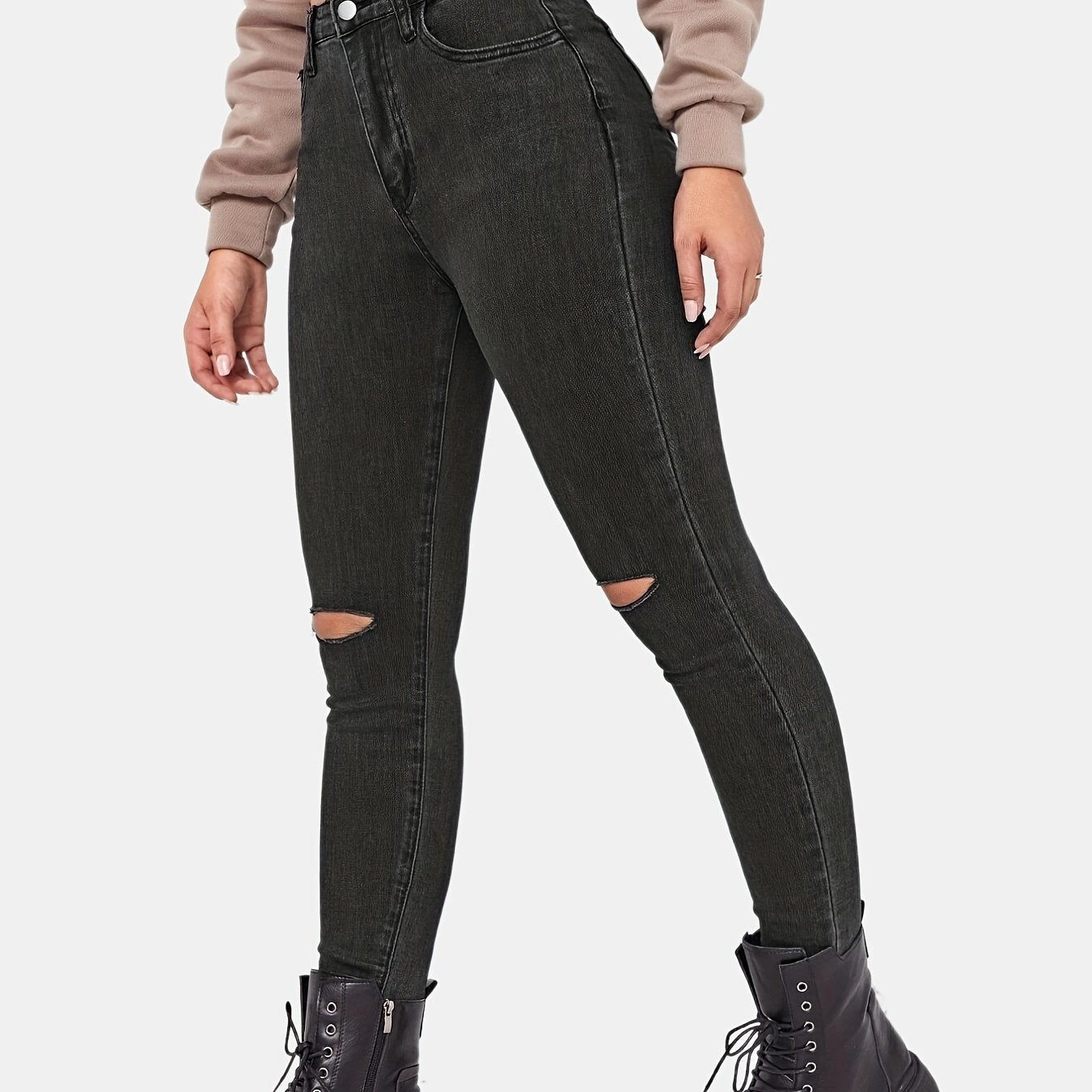Ripped Holes Skinny Jeans Slim Fit Slash Pockets Mid Stretch Denim Pants