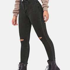 Ripped Holes Skinny Jeans Slim Fit Slash Pockets Mid Stretch Denim Pants