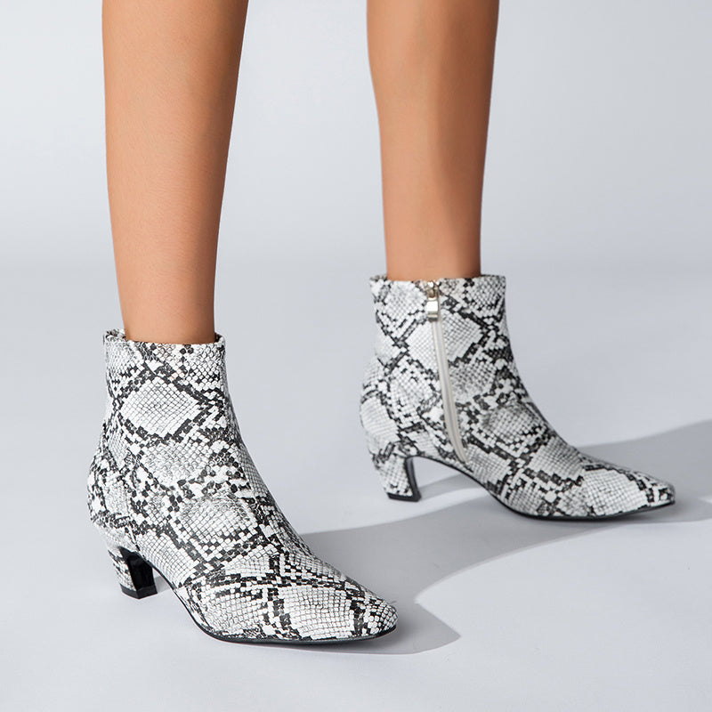 Women's Snakeskin Print Chunky Heeled Short Boots