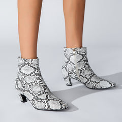 Women's Snakeskin Print Chunky Heeled Short Boots