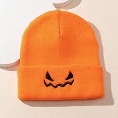 Fashionable Ear Protection Windproof Knit Beanie Hat With Pumpkin Embroidery