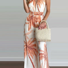 Boho Tropical Print Halter Neck Jumpsuit Backless Side Split