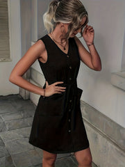Solid Button V Neck Stretch Mini Tank Dress