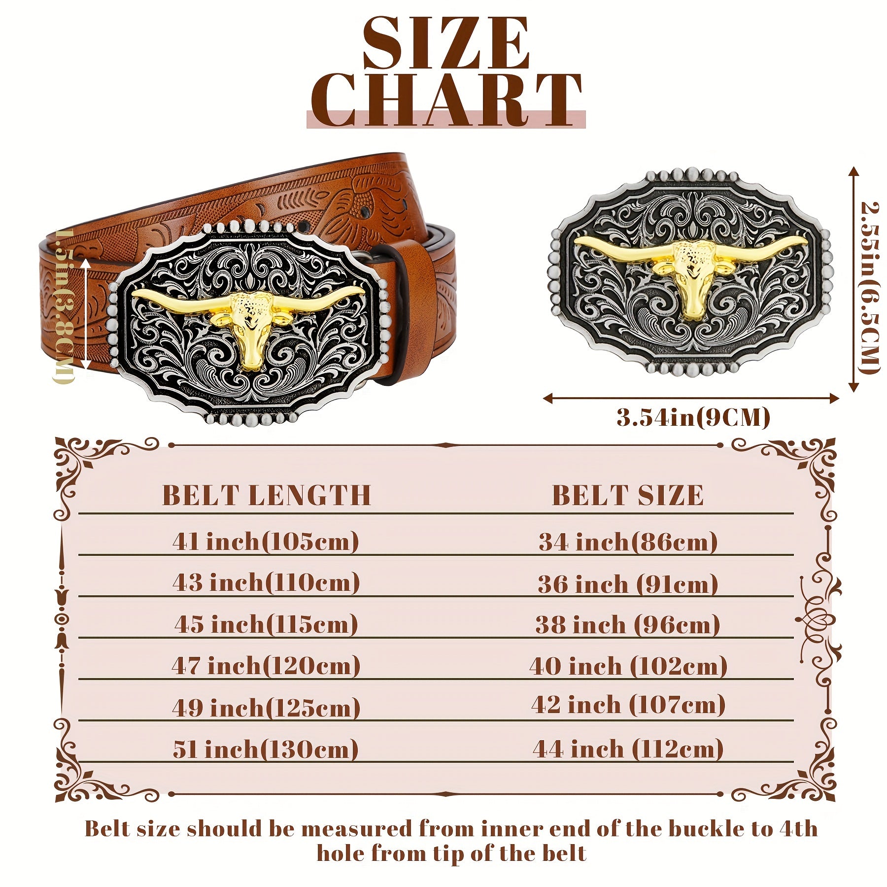 Men's Western Cowboy Leather Belt Long Horn Bull Buckle Embossed Floral