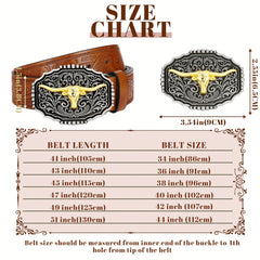 Men's Western Cowboy Leather Belt Long Horn Bull Buckle Embossed Floral