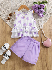 2pcs Toddler Girls Heart Graphic Peplum Tank Top & Button Shorts Set