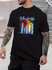 Tropical Retro Letter Print Men's Graphic Crew Neck T shirt