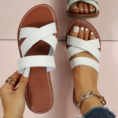 Women's Cross Strap Flat Slides Casual Open Toe Slip On Shoes Lightweight