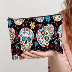 Flower Skull Zipper Storage Bag Lightweight Cosmetic Organizer