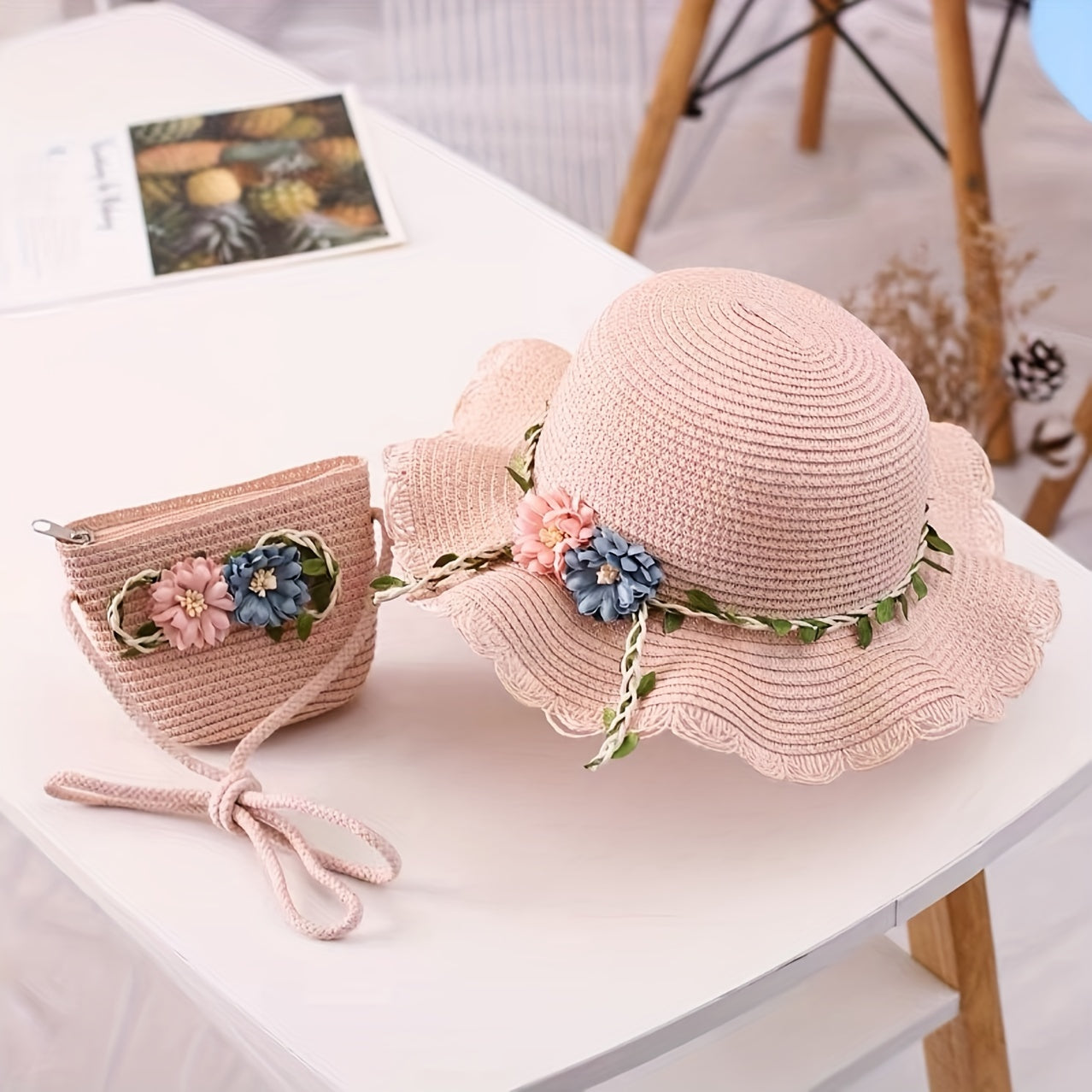 Kids' Straw Sun Hat & Bag Set Floral Lace Trim Beach Hat Summer Outdoor Hat
