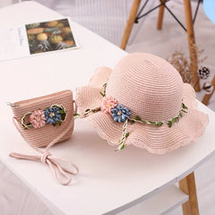 Kids' Straw Sun Hat & Bag Set Floral Lace Trim Beach Hat Summer Outdoor Hat