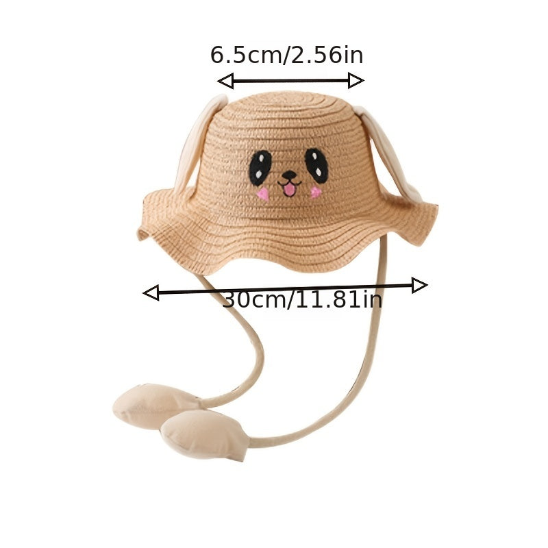 Rabbit Straw Hat for Girls Sun Protection with Moving Ears