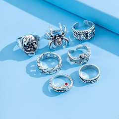 7pcs Hip Hop Style Ring Set - Skull Bat Snake Spider Distressed Vintage