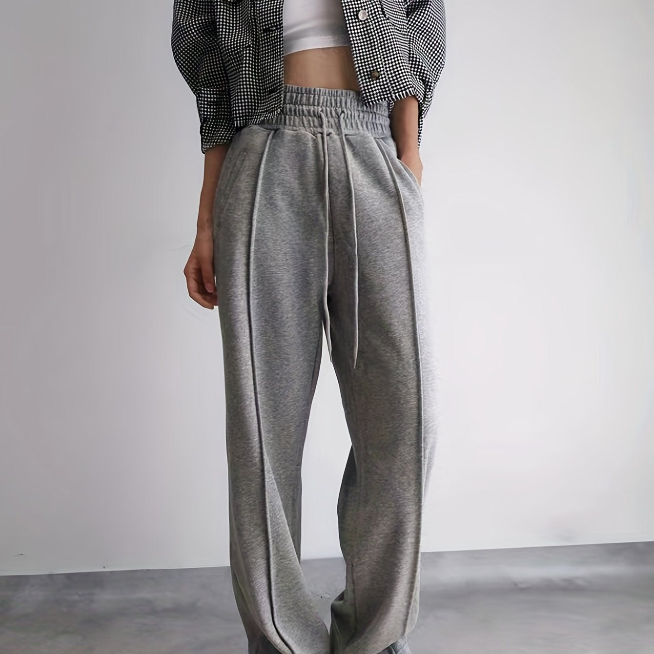 Solid Drawstring Wide Leg Pants Casual Elastic Waist Long Length