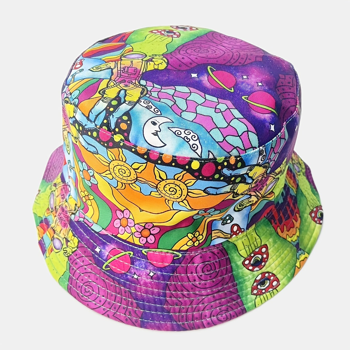 Boho Cartoon Print Bucket Hat Purple Mushroom Vintage Block Basin Hat