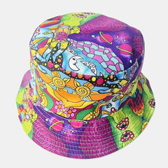 Boho Cartoon Print Bucket Hat Purple Mushroom Vintage Block Basin Hat