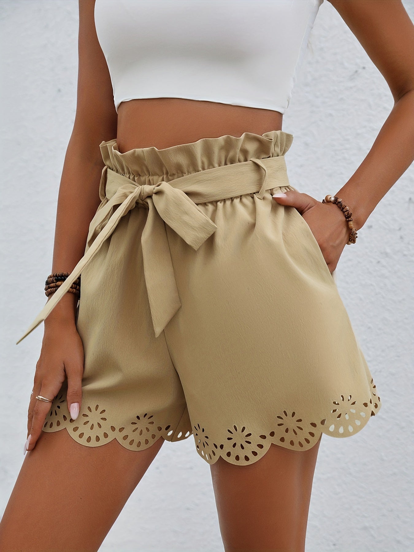 Scallop Trim Bow Tie Shorts Casual Solid Summer Shorts