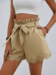 Scallop Trim Bow Tie Shorts Casual Solid Summer Shorts