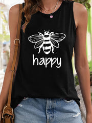 Bee & Letter Print Sleeveless Sports Vest Round Neck Casual Tops