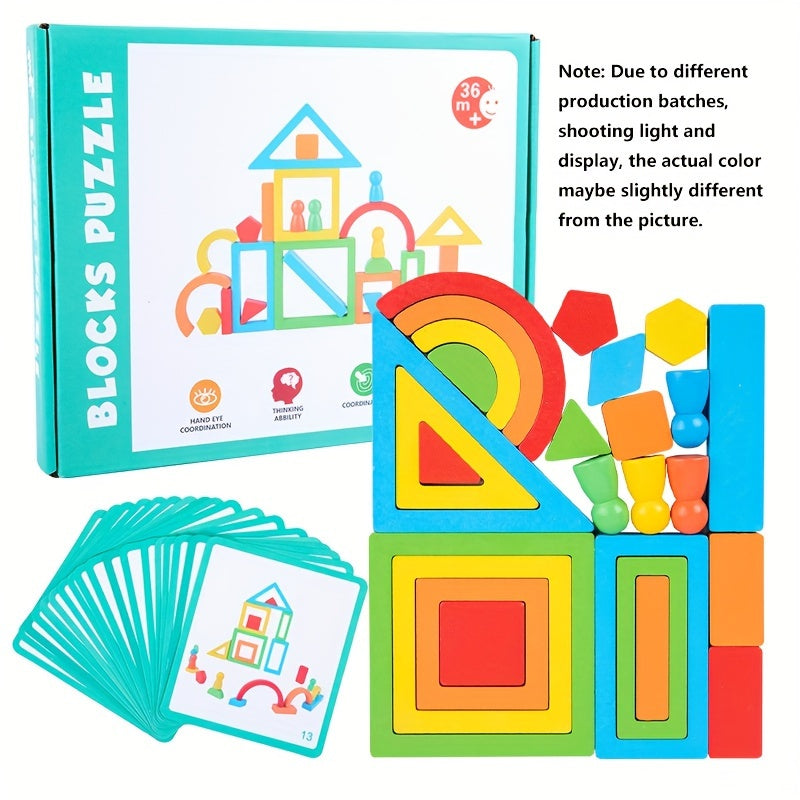 Wooden Rainbow Blocks Puzzle DIY Educational Stack Blocks