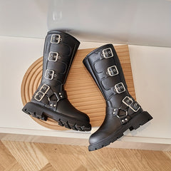 Girls Vintage Knee High Boots - Non Slip PU Leather - Geometric Design