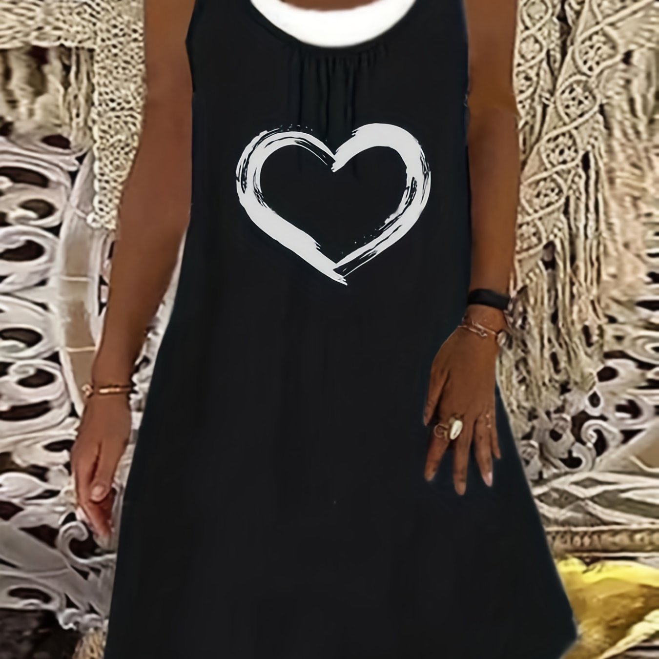 Heart Print Colorblock Round Neck Tank Dress