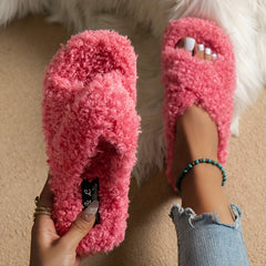 Faux Fur Platform Slip-On Shoes Cross Strap Slippers