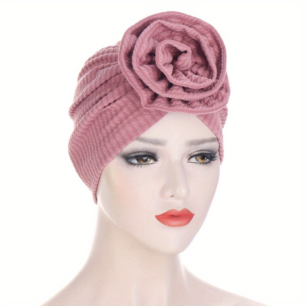 Embossed Plate Flower Turban Cap Vintage Elastic Head Wrap