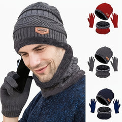 Winter Knitted Hat Scarf Gloves Set Velvet Lining Touch Screen Thermal Gloves