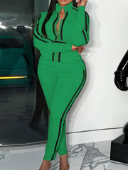 Plus Stripe Print Two Piece Set High Neck Jacket & Pants