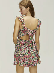 Floral Print Sleeveless Romper Jumpsuit Boho Ruffle Trim Tie Back