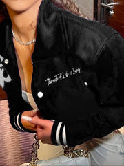 Sporty Crop Coat Embroidery Print Baseball Coat Jacket Women's Clothing