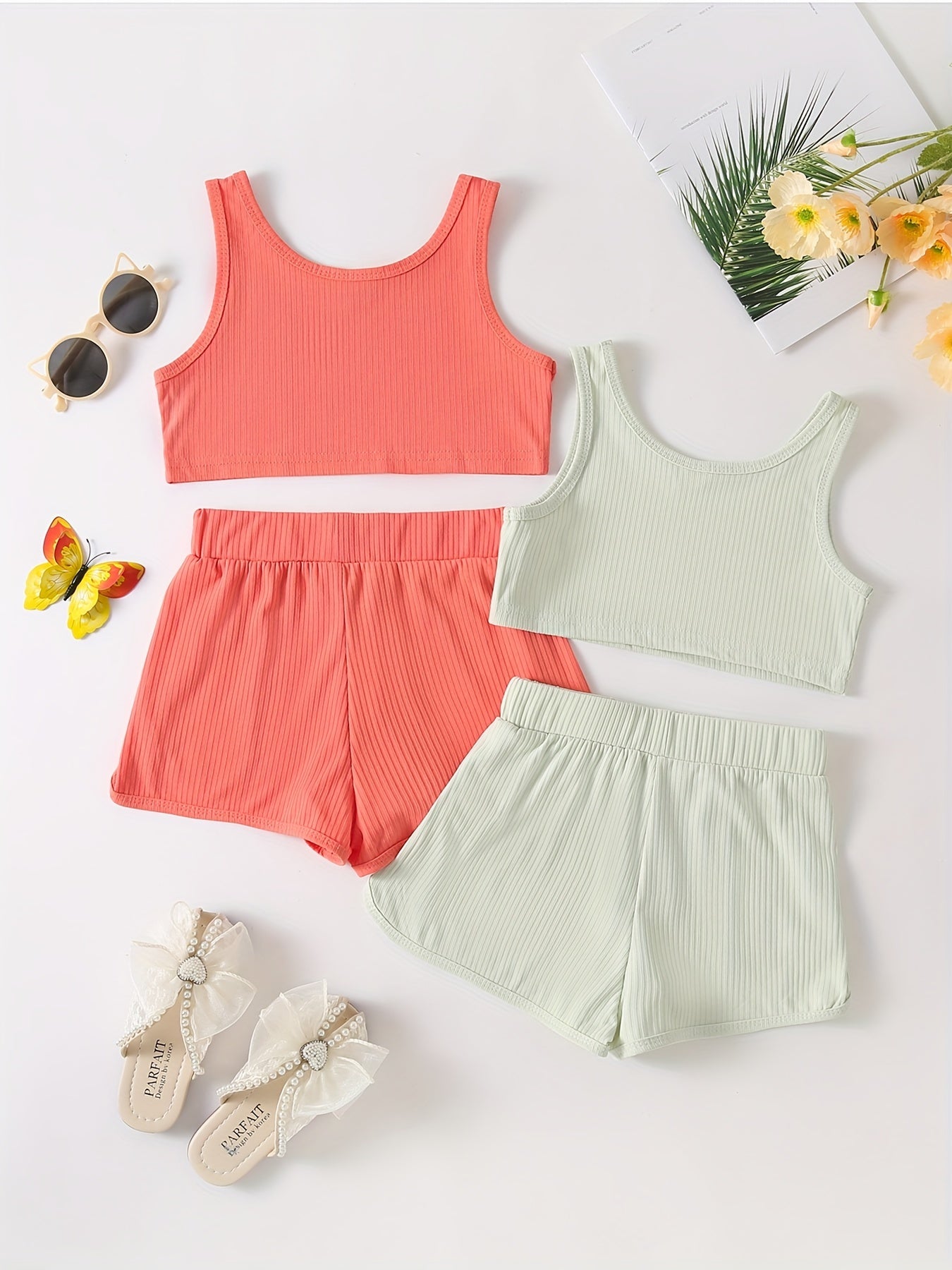 Girls Ribbed Knit Crop Tank Top & Shorts Set