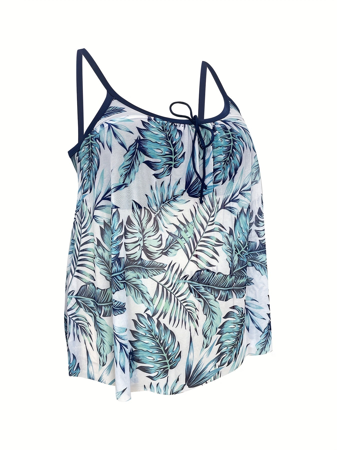 Leaf Print Tankini Set Crew Neck Tie Front Cami Top & Shorts Two Piece