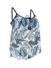 Leaf Print Tankini Set Crew Neck Tie Front Cami Top & Shorts Two Piece