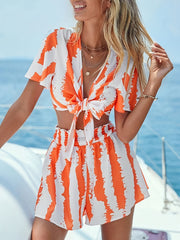 Striped Print Two Piece Set Flutter Sleeve Tops & Elastic Waist